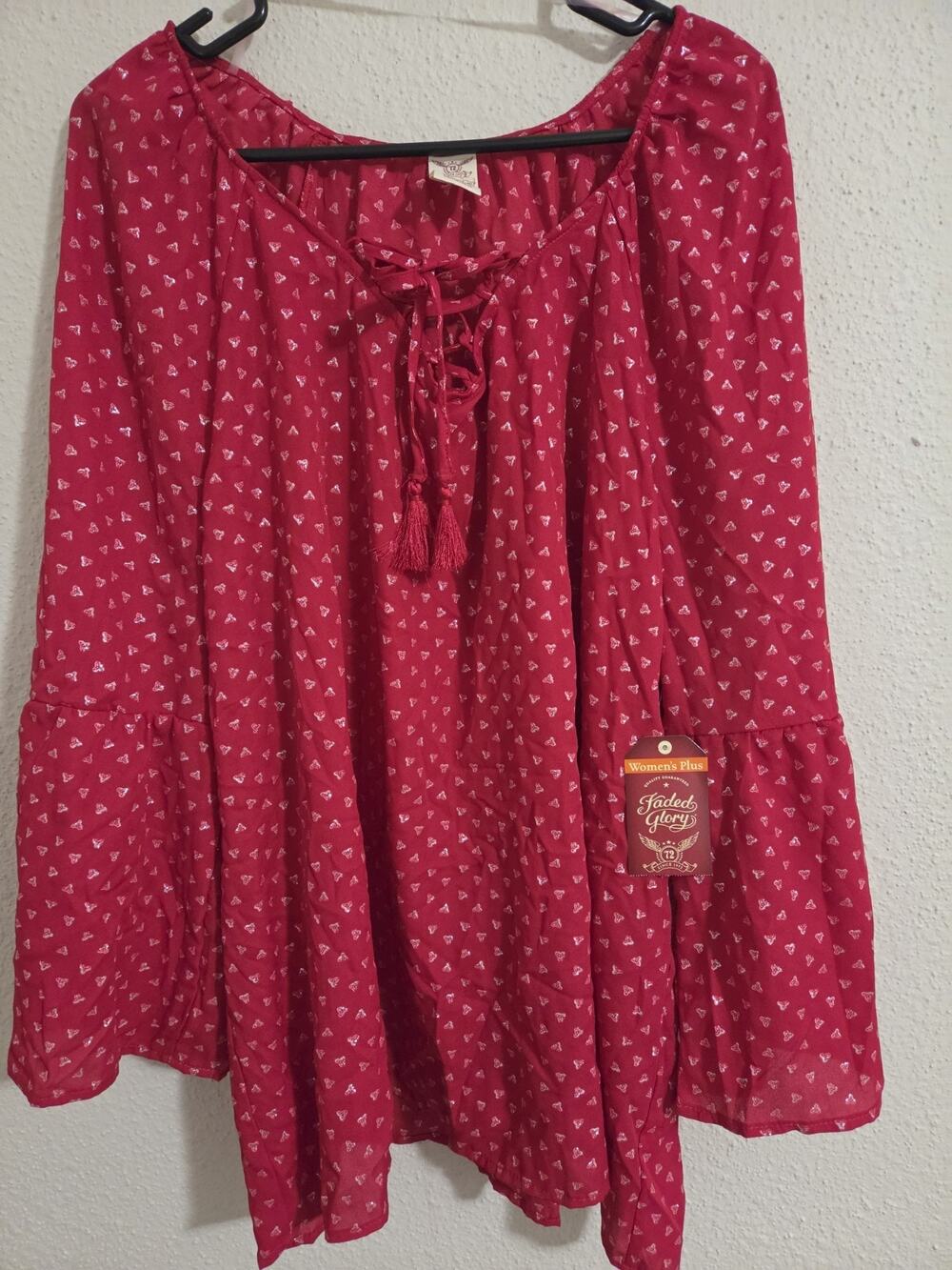 NWT Faded Glory Red Metallic Gold Foil Print Lace Up Peasant Top 2X Bell Sleeve